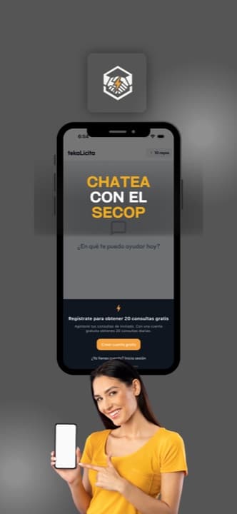 Chatea con el SECOP: pantalla de bienvenida del asistente conversacional de tekaLicita