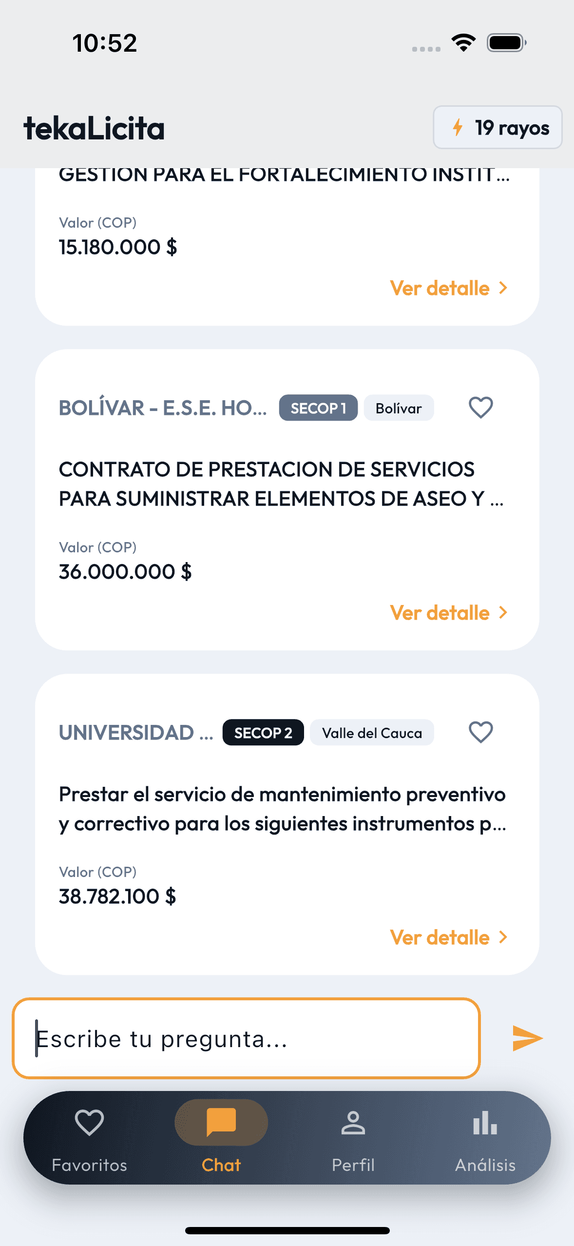 Detalle de licitación con chip SECOP II en el chat