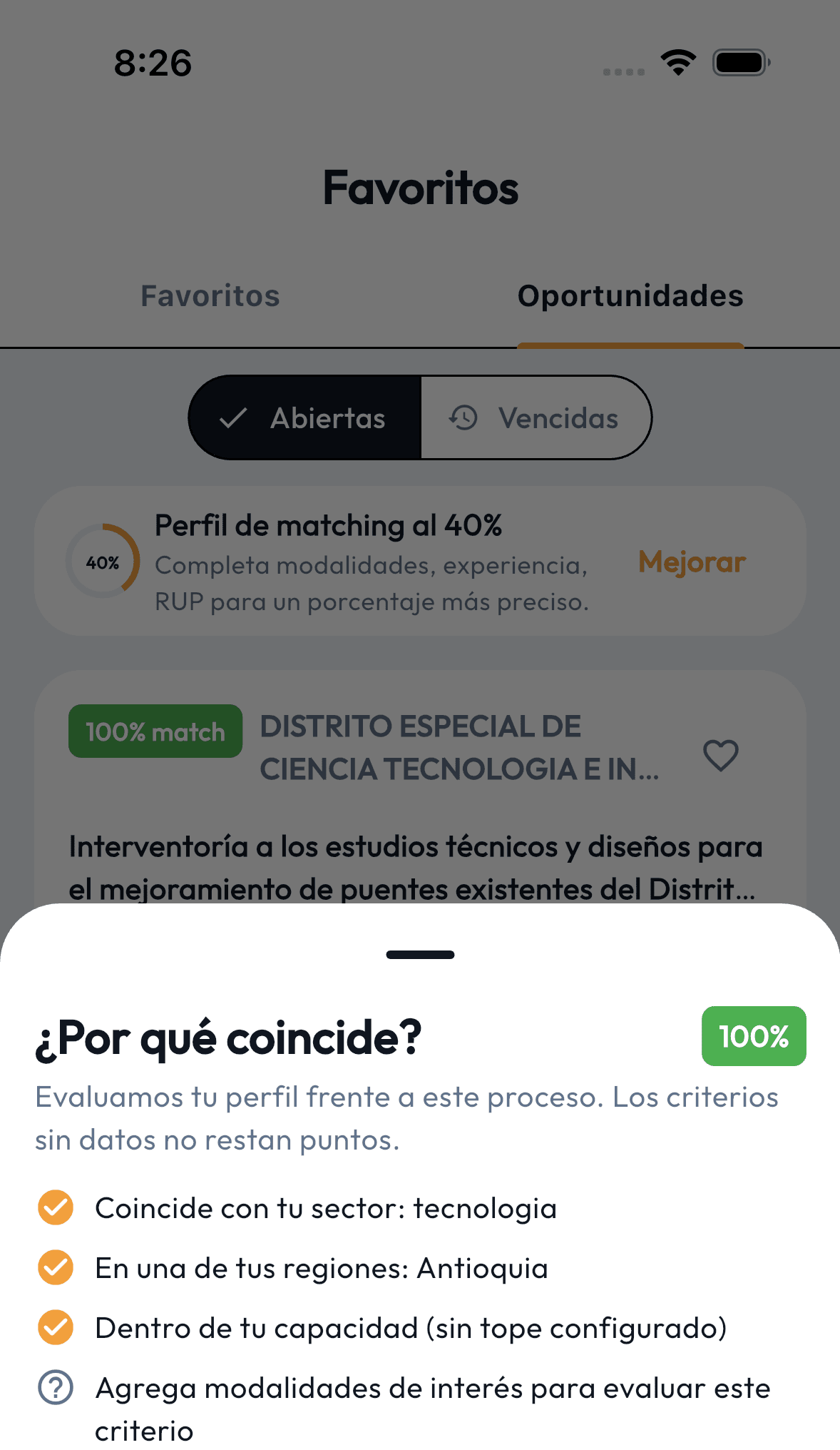 Hoja "¿Por qué coincide?" mostrando los criterios de compatibilidad cumplidos